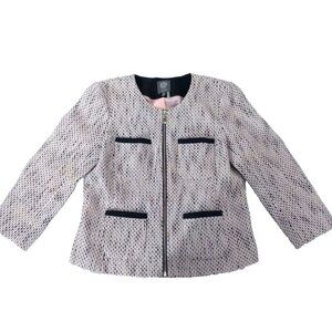 Vince Camuto Chic Tweed 4 Soft Pink Black Full Zip 3/4 Sleeve Jacket Women SZ 4